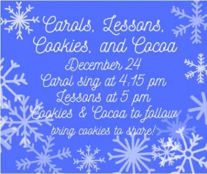 Festive flyer with snowflakes and cursive text detailing an event schedule.