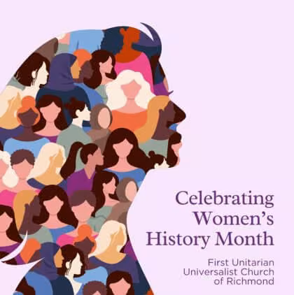 Silhouette of a woman's head filled with illustrated portraits, alongside text celebrating Women&rsquo;s History Month.