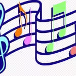 Stylized musical staff with a blue treble clef and colorful notes.